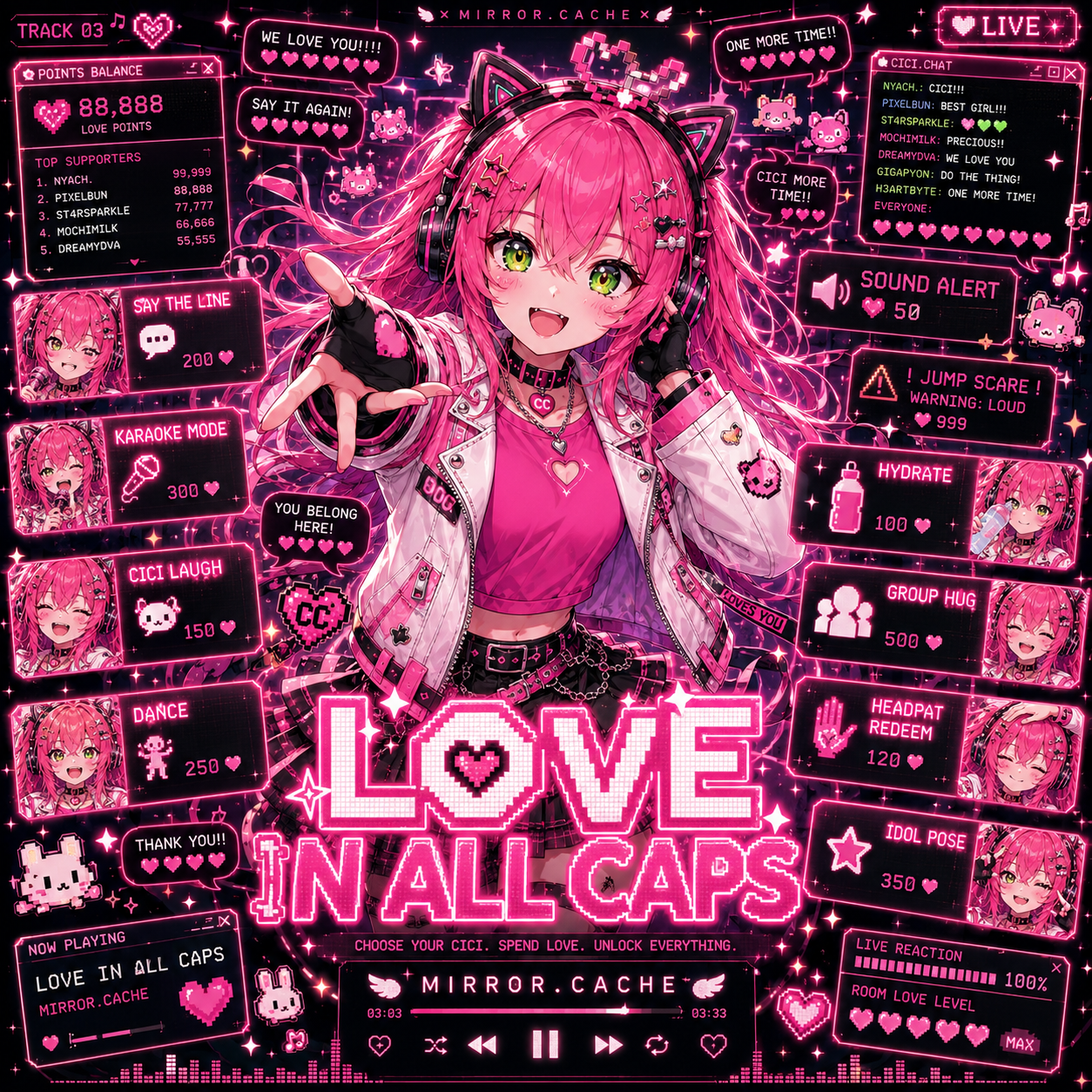 Cici in a bright love-point stream interface.